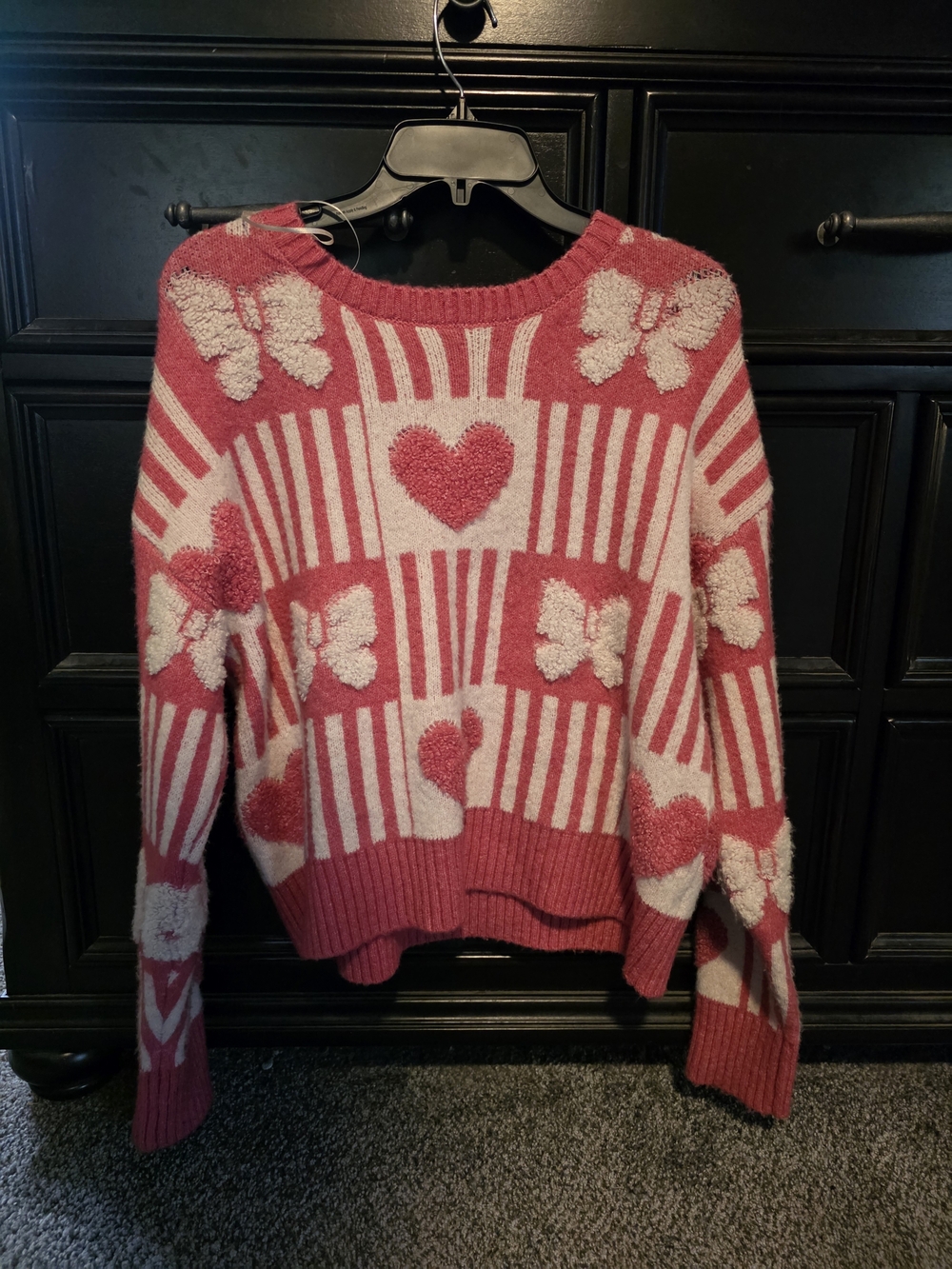 Source Unknown Pink & Cream Heart Butterfly Knit Sweater